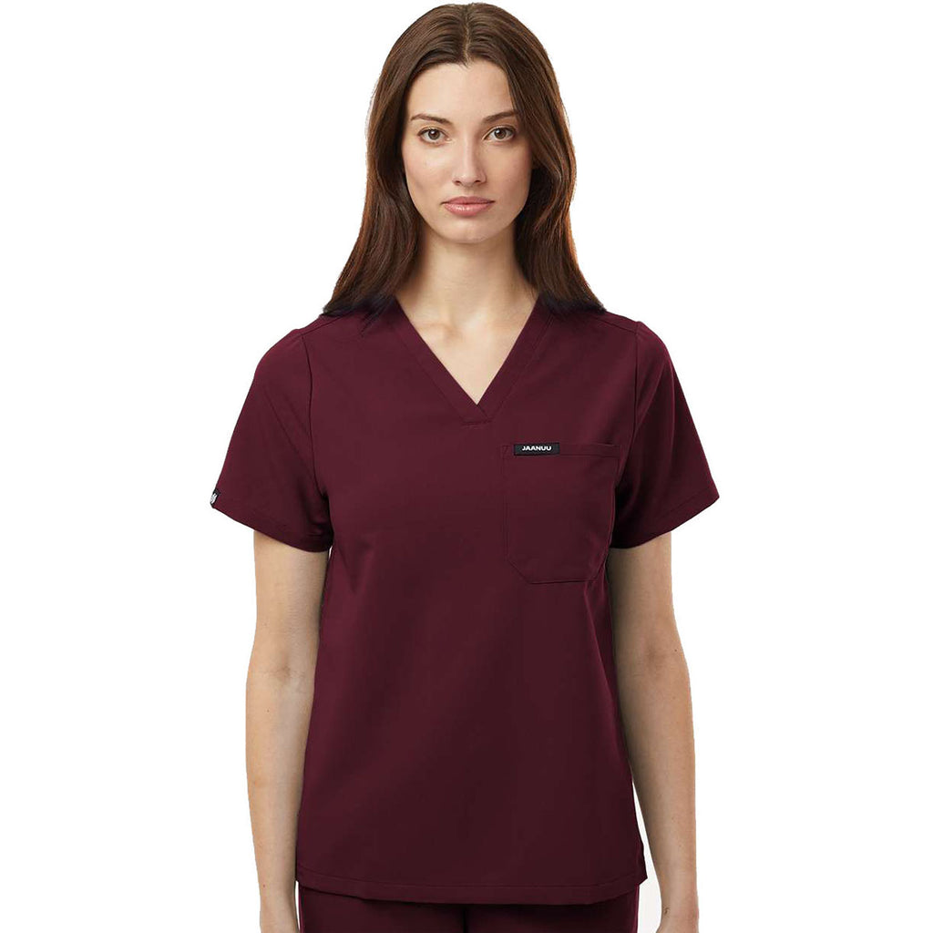 Jaanuu Women's Burgundy Rhena Essential 1-Pocket Scrub V-Neck Top