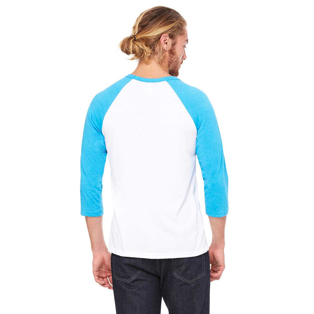 Bella + Canvas Unisex White/Neon Blue 3/4 Sleeve Baseball T-Shirt