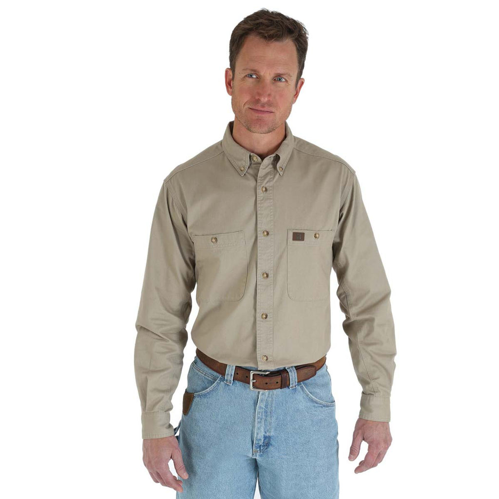 Wrangler Men's Khaki Riggs Workwear Long Sleeve Button Down Solid Twill Work Shirt