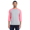Hanes Men's Light Steel/Neon Pink Heather 4.5 oz. 60/40 Ringspun Cotton/Polyester X-Temp Baseball T-Shirt