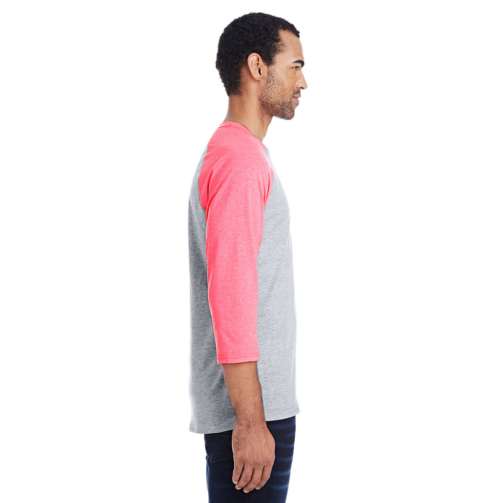 Hanes Men's Light Steel/Neon Pink Heather 4.5 oz. 60/40 Ringspun Cotton/Polyester X-Temp Baseball T-Shirt