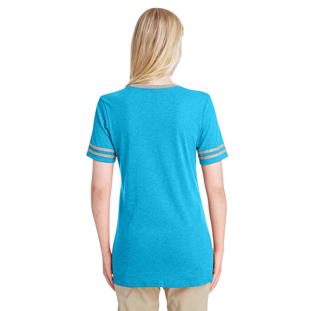 Jerzees Women's Caribbean Blue Heather/Oxford 4.5 Oz Tri-Blend Varsity V-Neck T-Shirt