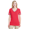 Jerzees Women's Fiery Red Heather/Oxford 4.5 Oz Tri-Blend Varsity V-Neck T-Shirt