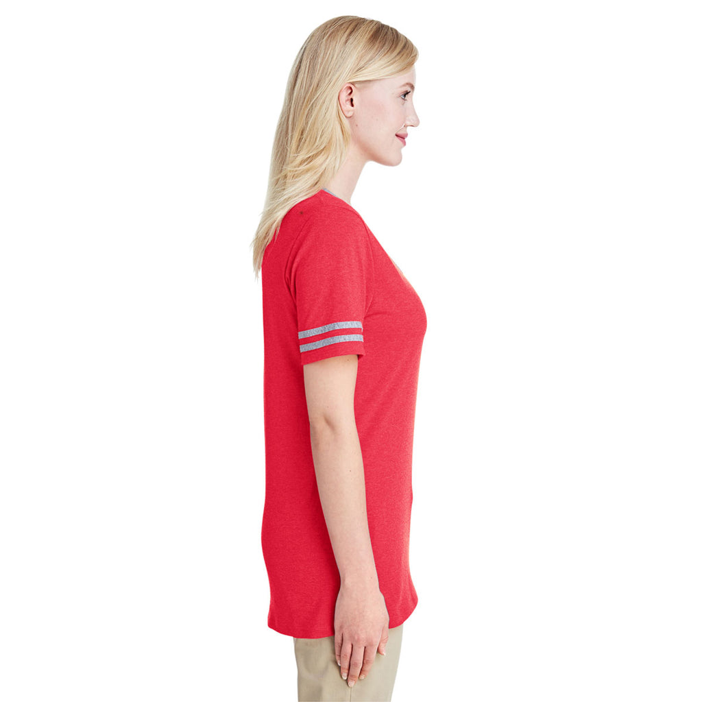 Jerzees Women's Fiery Red Heather/Oxford 4.5 Oz Tri-Blend Varsity V-Neck T-Shirt