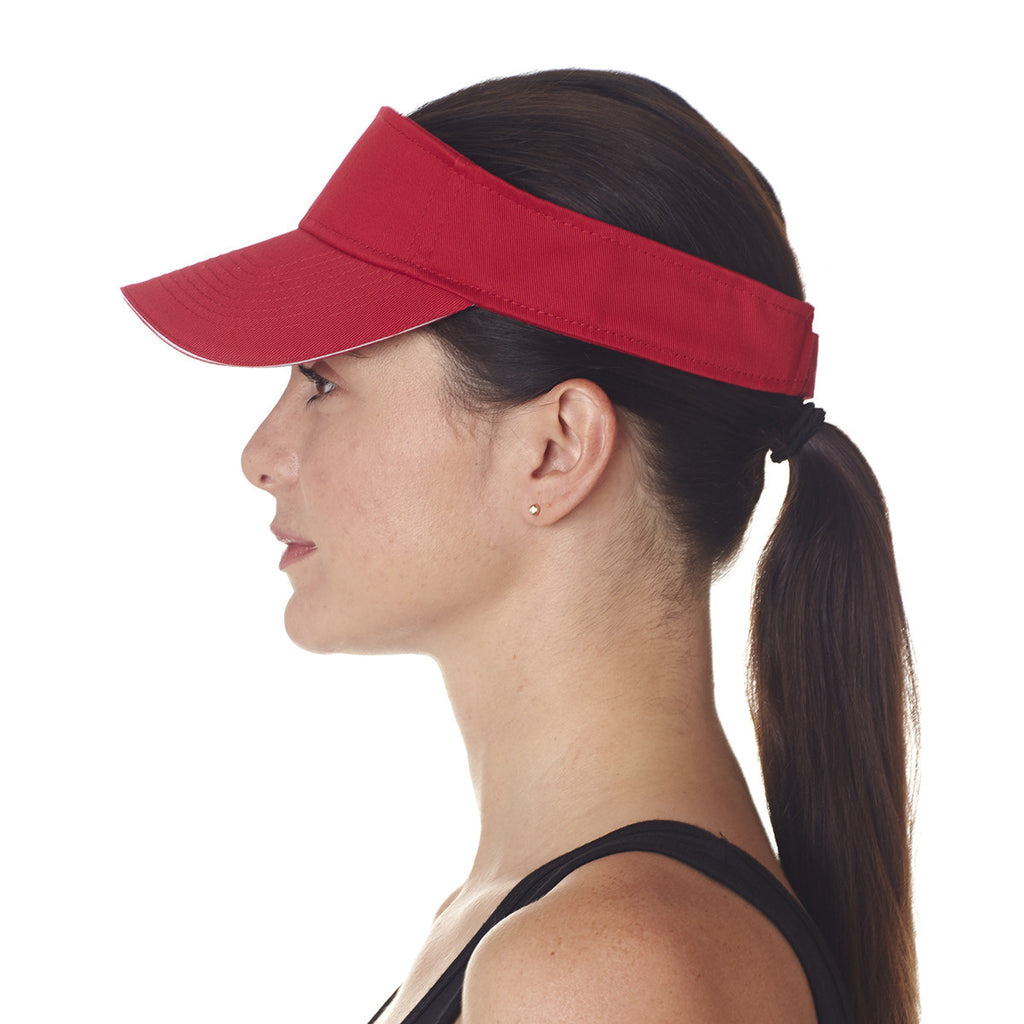 UltraClub Women's Red/White Classic Cut Brushed Cotton Twill Sandwich Visor