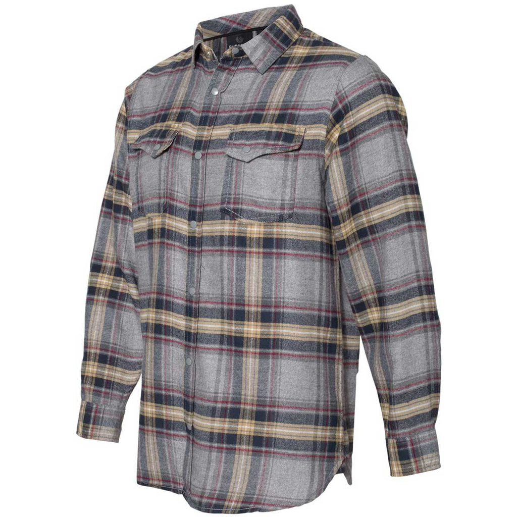 Burnside Men's Light Grey Snap Front Long Sleeve Plaid Flannel Shirt