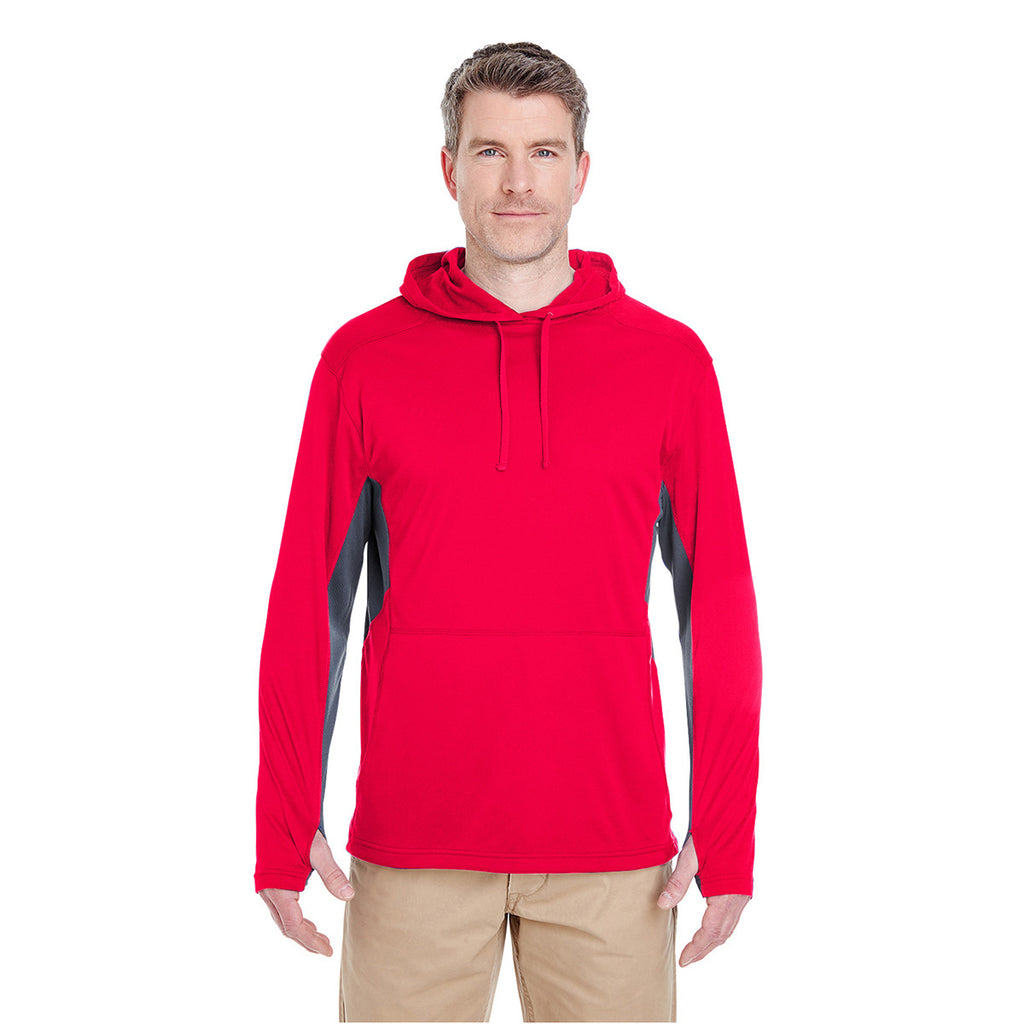 UltraClub Men's Red/Charcoal Cool & Dry Sport Hooded Pullover