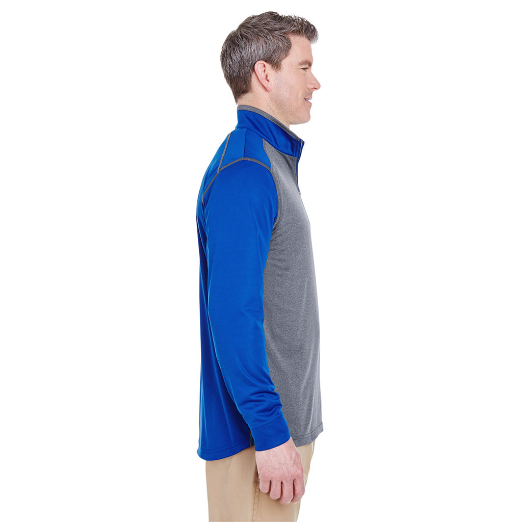 UltraClub Men's Grey Heather/Kyano Blue Cool & Dry Sport Two-Tone Quarter-Zip Pullover