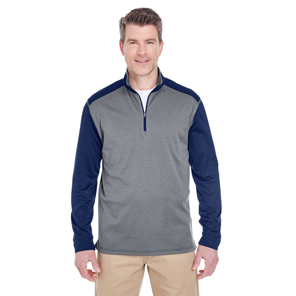 UltraClub Men's Grey Heather/Navy Cool & Dry Sport Two-Tone Quarter-Zip Pullover