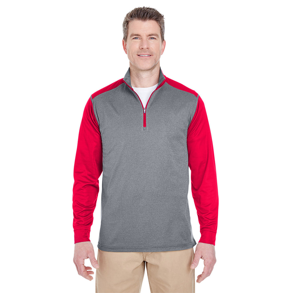 UltraClub Men's Grey Heather/Red Cool & Dry Sport Two-Tone Quarter-Zip Pullover