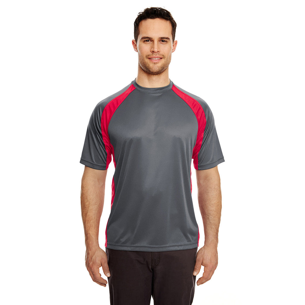 UltraClub Men's Charcoal/Red Cool & Dry Sport Two-Tone Performance Interlock T-Shirt