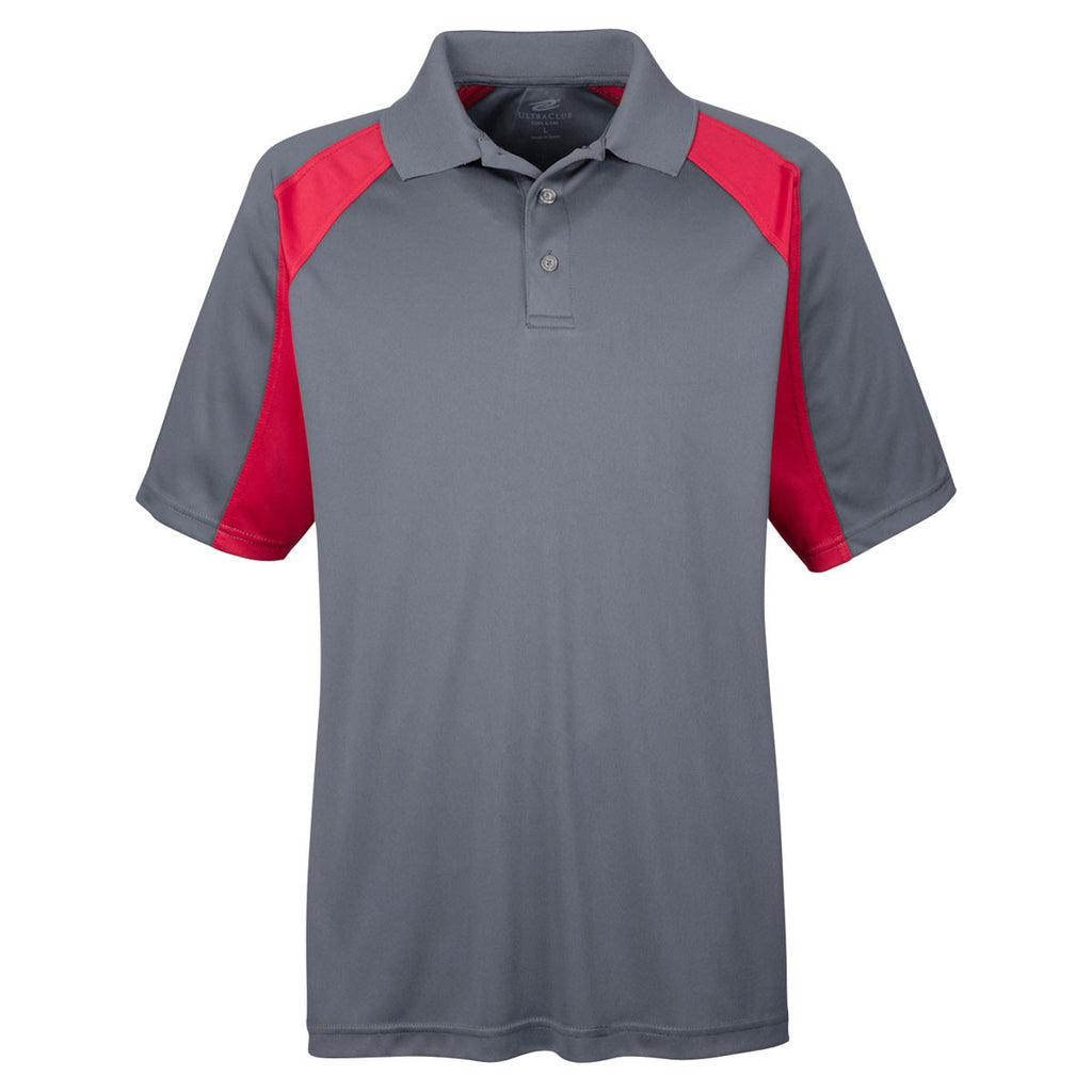 UltraClub Men's Charcoal/Red Cool & Dry Sport Performance Colorblock Interlock Polo