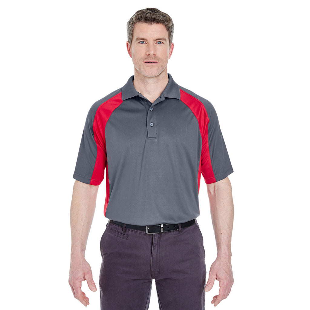 UltraClub Men's Charcoal/Red Cool & Dry Sport Performance Colorblock Interlock Polo