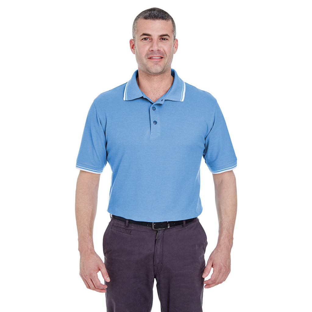 UltraClub Men's Cornflower/White Short-Sleeve Whisper Pique Polo with Tipped Collar and Cuffs
