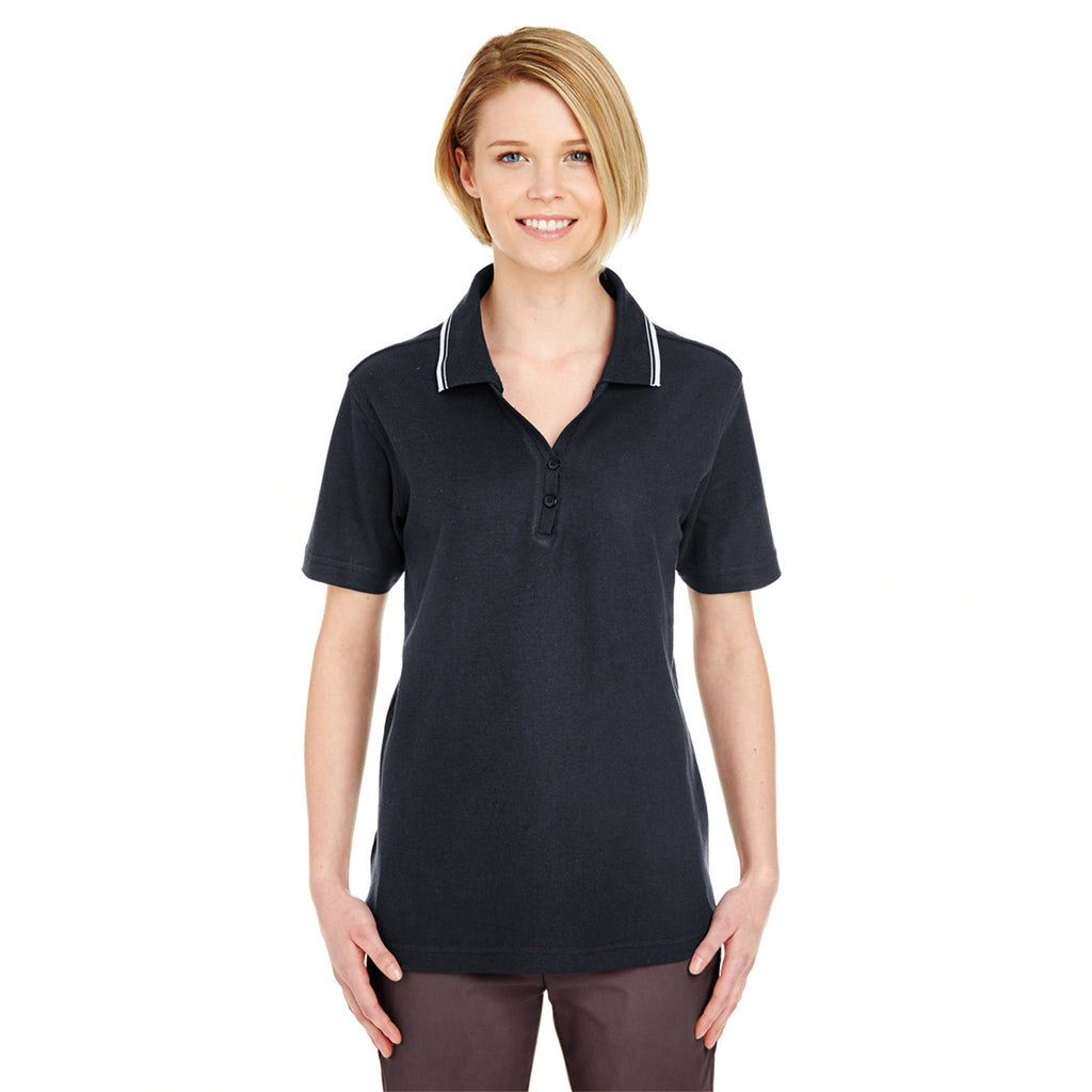 UltraClub Women's Black/White Short-Sleeve Whisper Pique Polo with Tipped Collar