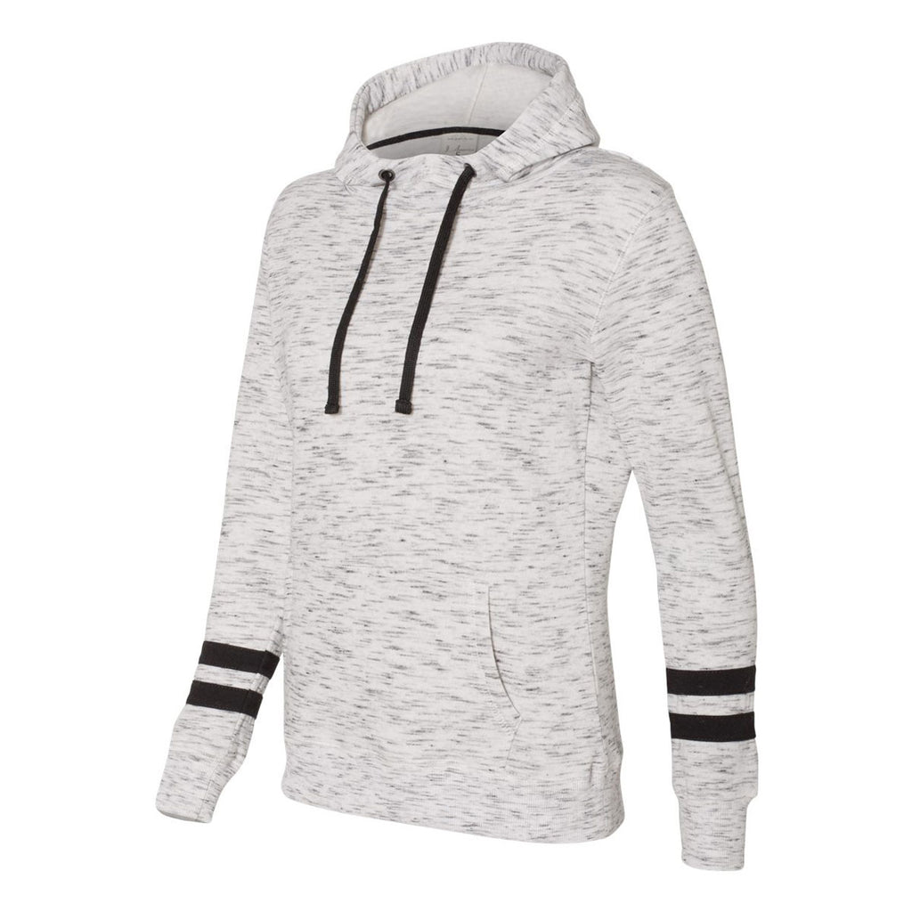 J. America Women's White/Black Melange Fleece Striped Sleeve Hooded Pullover