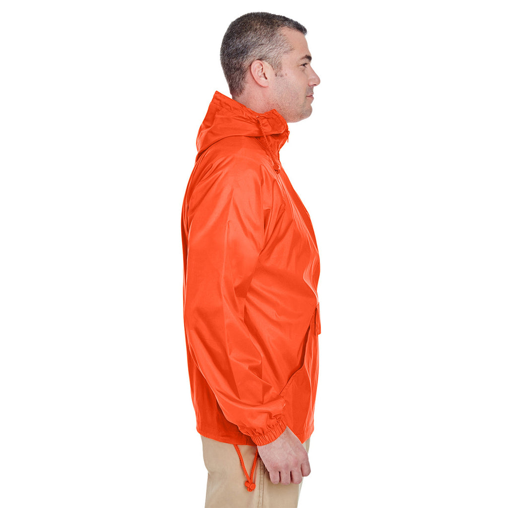 UltraClub Men's Bright Orange Quarter-Zip Hooded Pullover Pack-Away Jacket