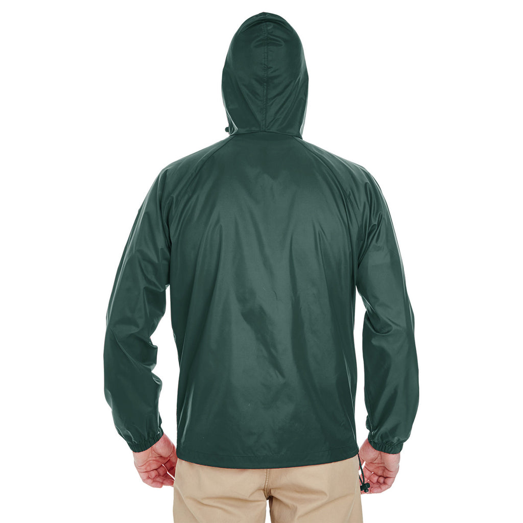 UltraClub Men's Forest Green Quarter-Zip Hooded Pullover Pack-Away Jacket