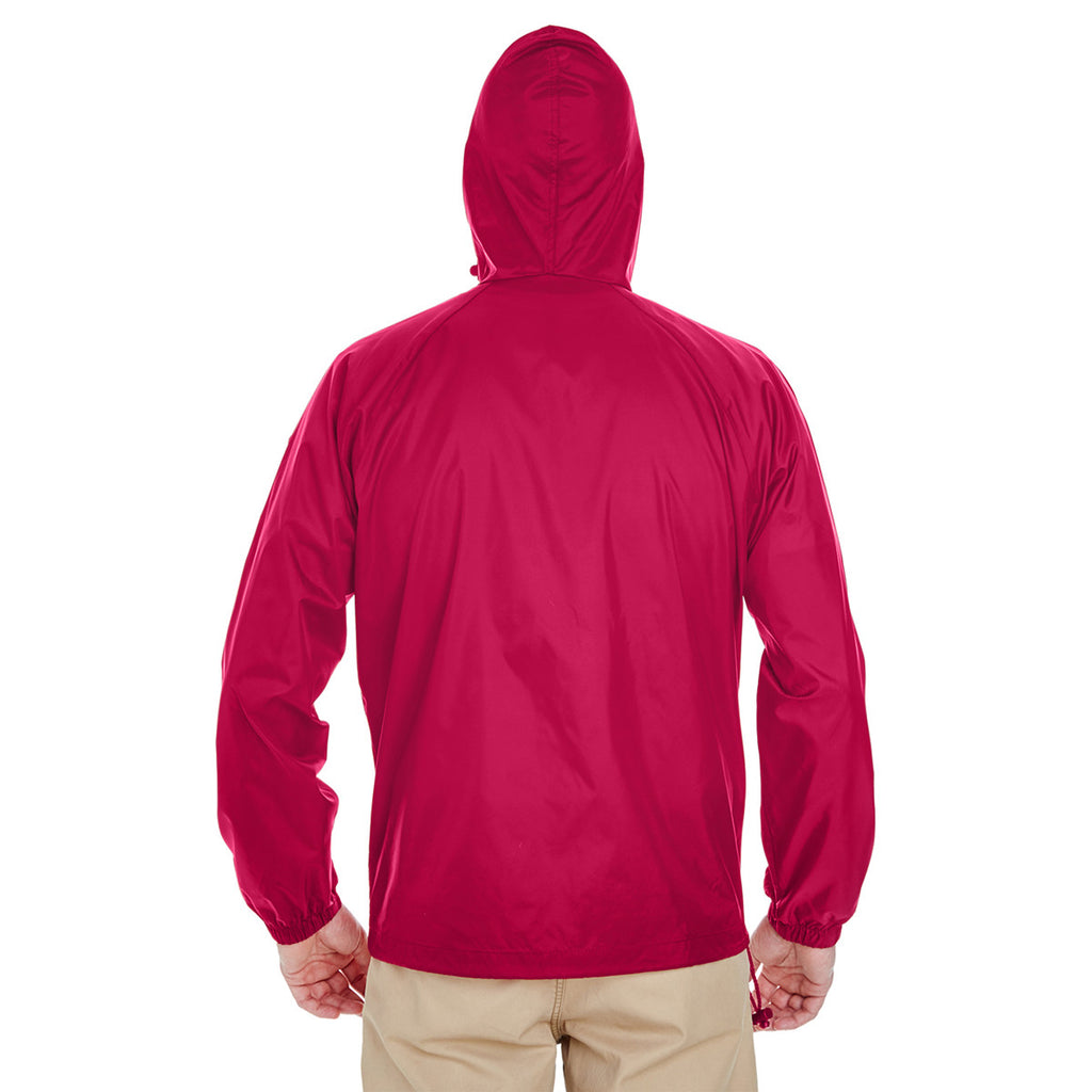 UltraClub Men's Red Quarter-Zip Hooded Pullover Pack-Away Jacket