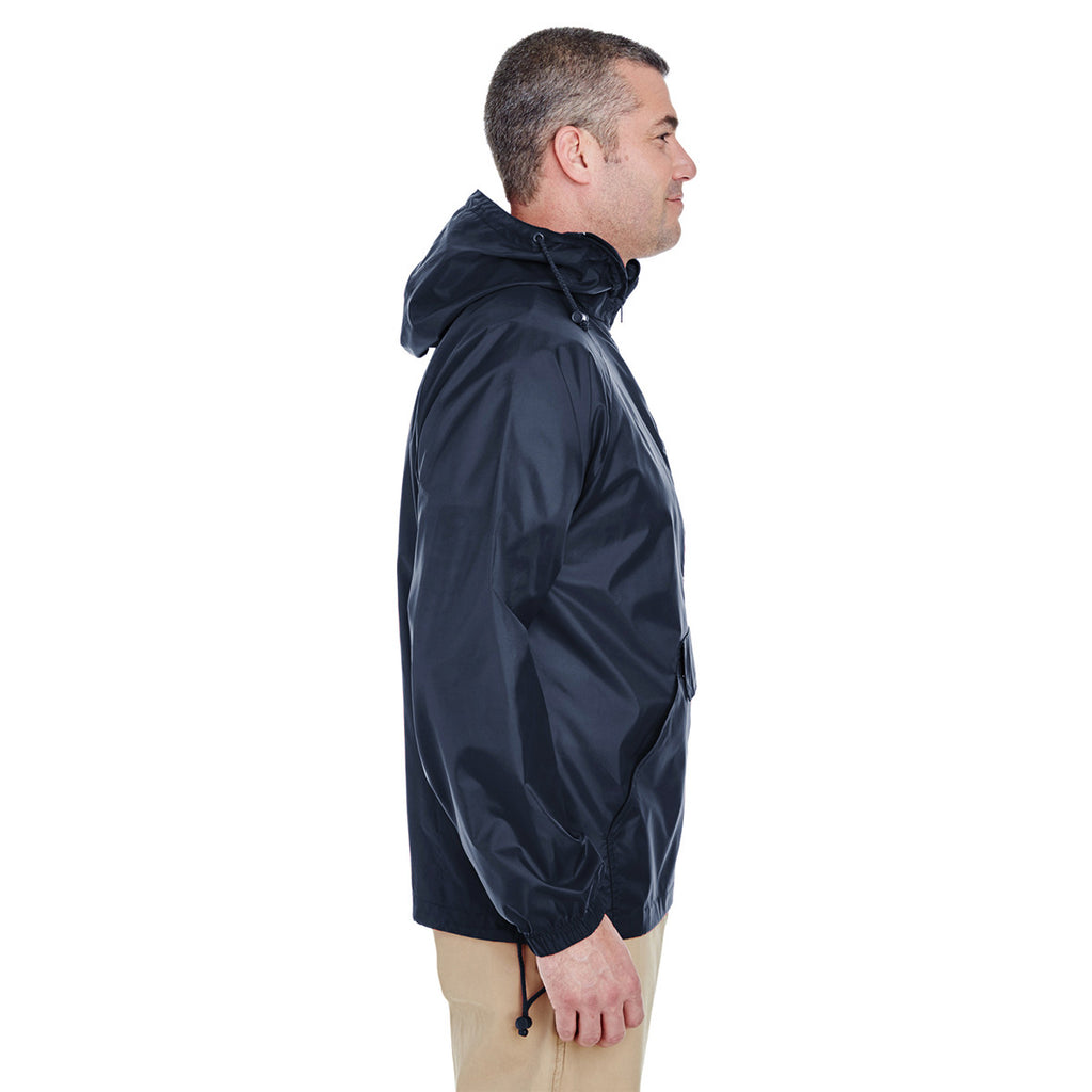 UltraClub Men's True Navy Quarter-Zip Hooded Pullover Pack-Away Jacket