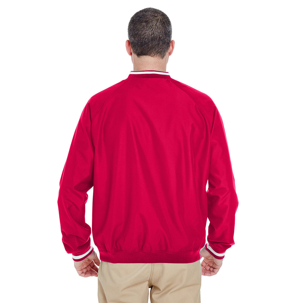 UltraClub Men's Red/White Long-Sleeve Microfiber Crossover V-Neck Windshirt