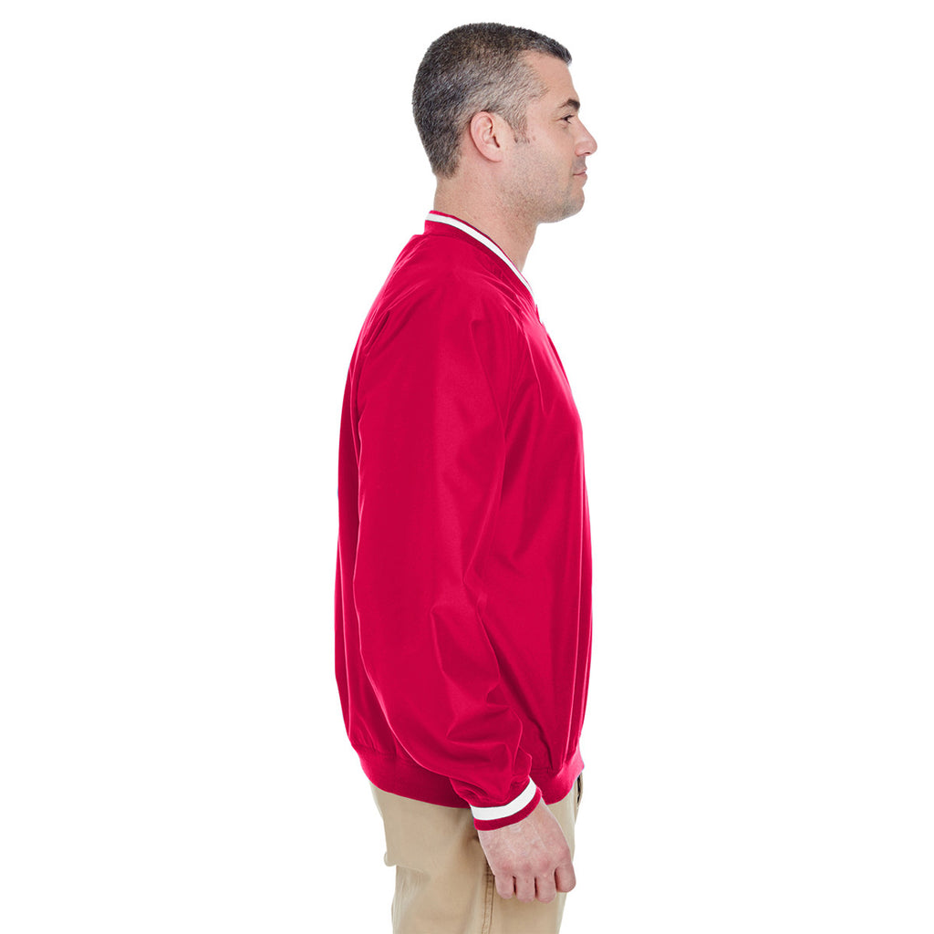 UltraClub Men's Red/White Long-Sleeve Microfiber Crossover V-Neck Windshirt