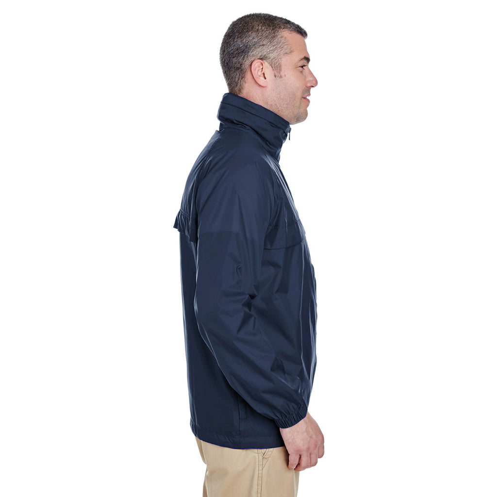 UltraClub Men's True Navy Full-Zip Hooded Pack-Away Jacket