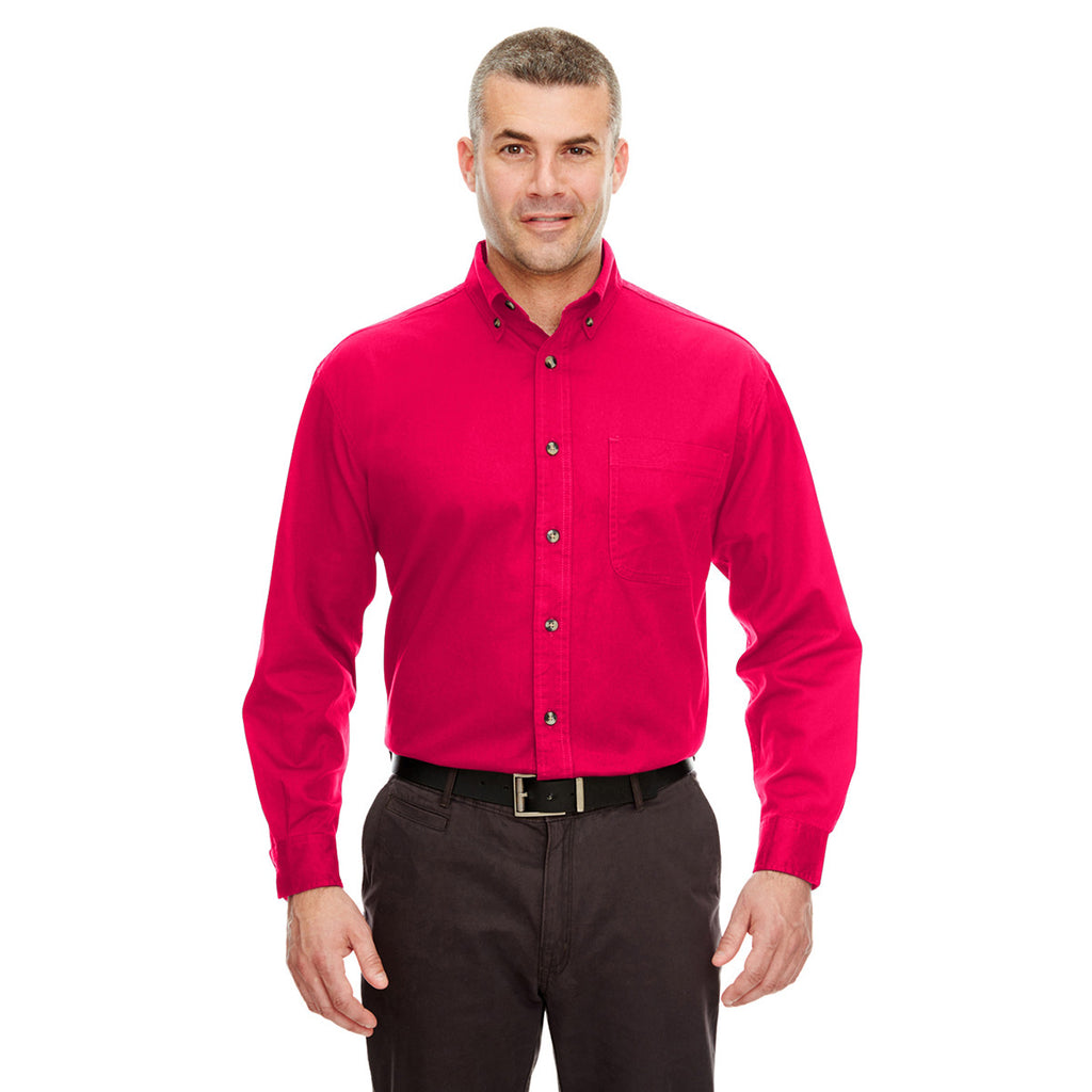 UltraClub Men's Red Cypress Long-Sleeve Twill with Pocket