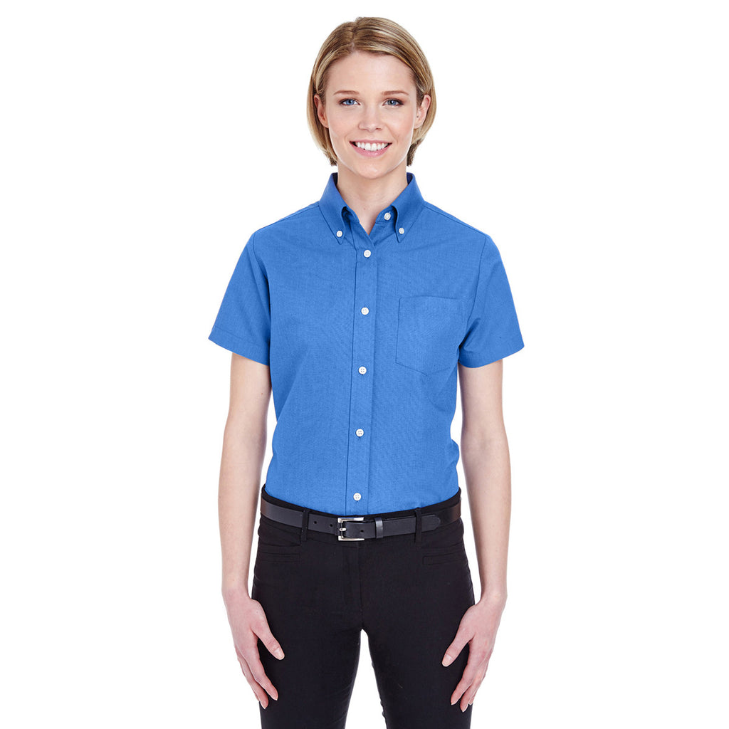 UltraClub Women's French Blue Classic Wrinkle-Resistant Short-Sleeve Oxford
