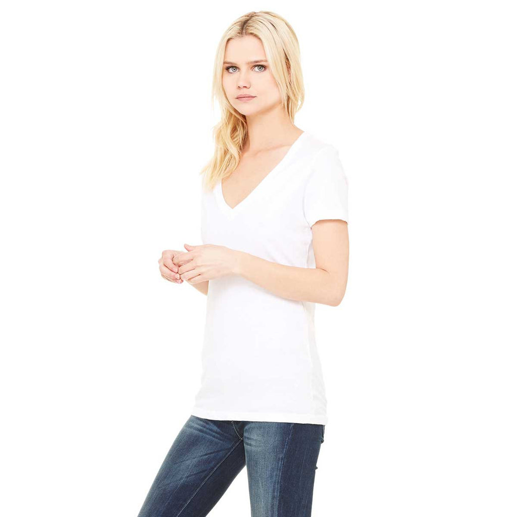 Bella + Canvas Women's White Jersey Short-Sleeve Deep V-Neck T-Shirt