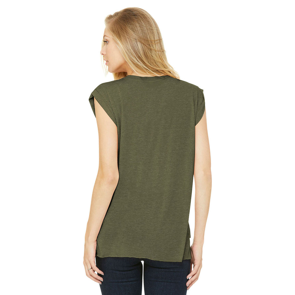 BELLA+CANVAS Women's Heather Olive Flowy Muscle Tee With Rolled Cuffs