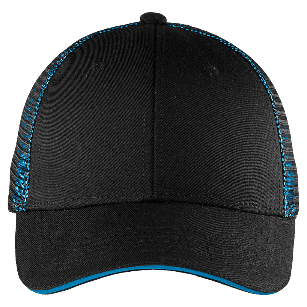 Port Authority Black/ Shock Blue Double Mesh Snapback Sandwich Bill Cap