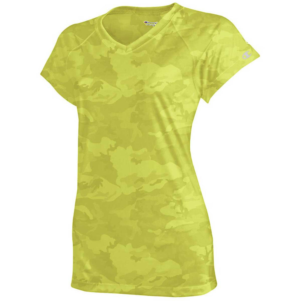 Champion Women's Safety Green Camo Double Dry 4.1-Ounce V-Neck T-Shirt