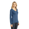 District Made Women's Denim Blue Textured Long Sleeve V-Neck with Button Detail