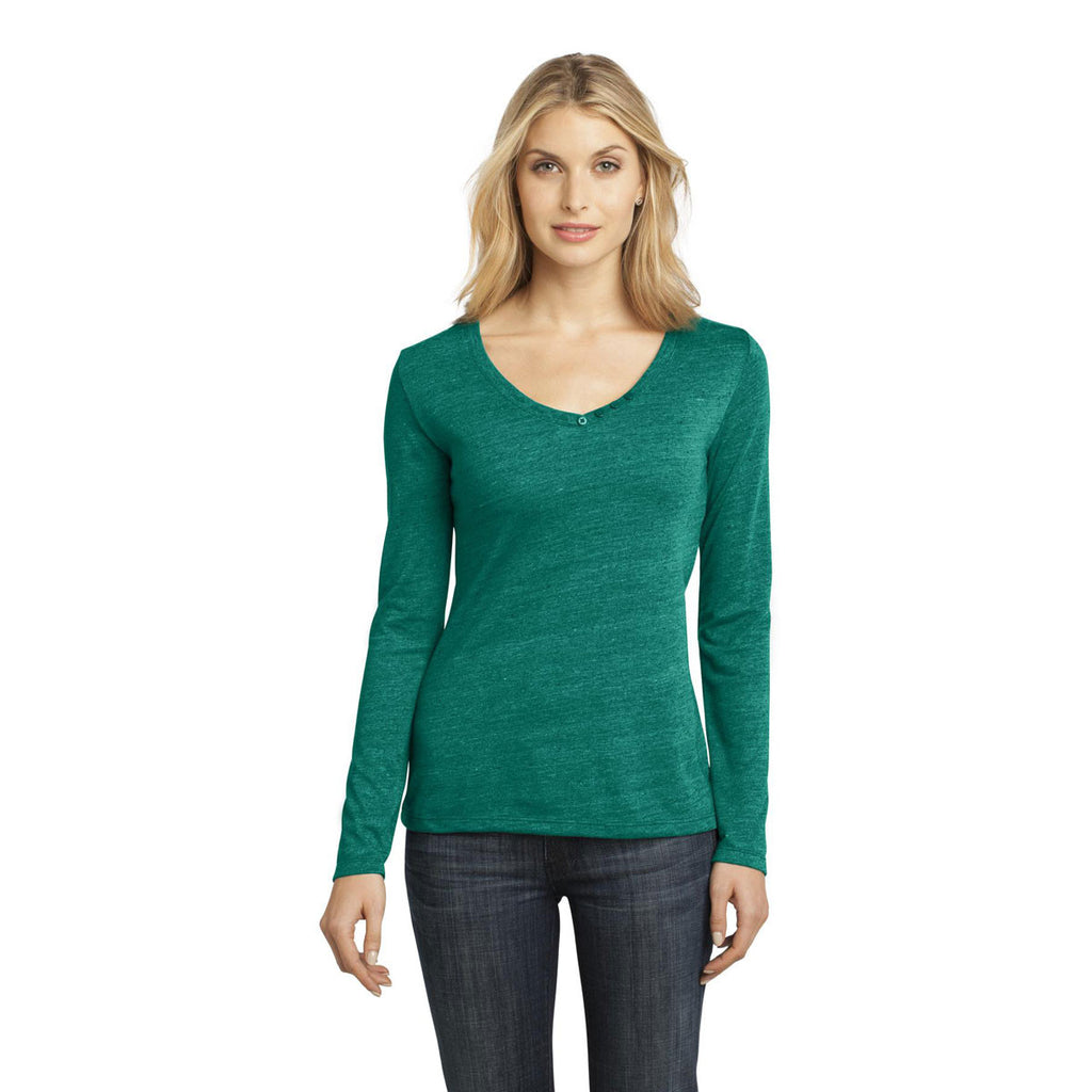 District Made Women's Evergreen Textured Long Sleeve V-Neck with Button Detail