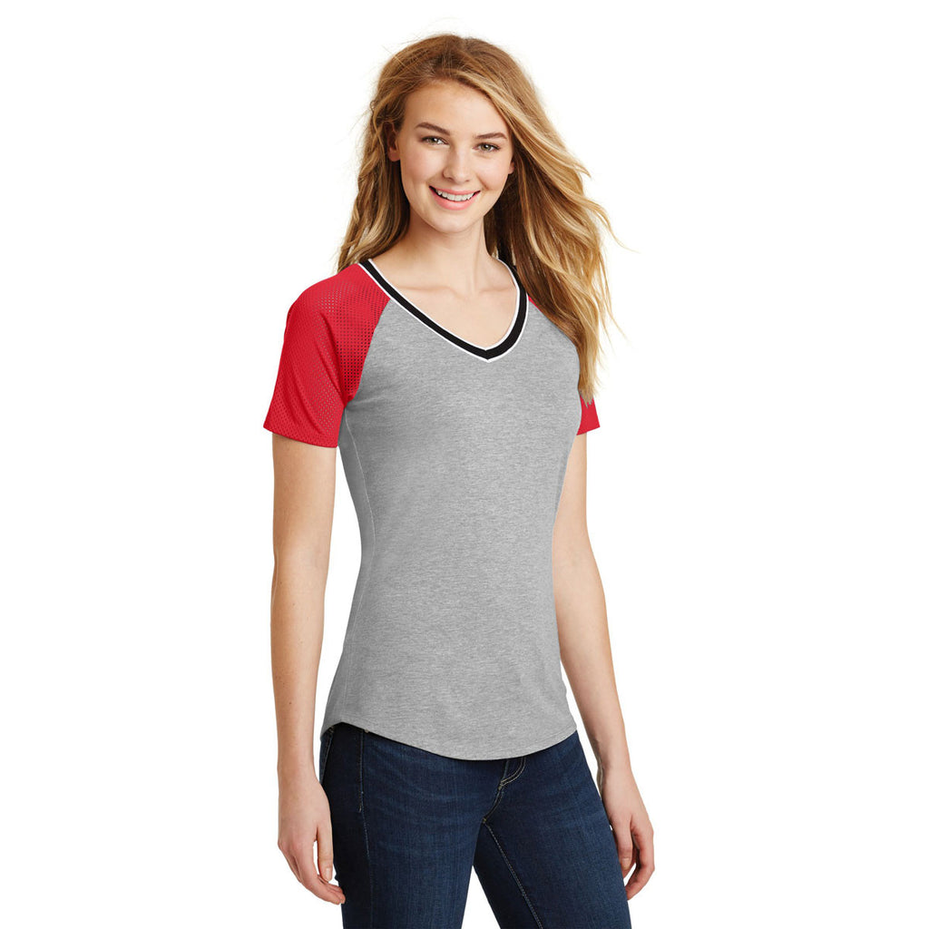 District Women's New Red/Light Heather Grey Mesh Sleeve V-Neck Tee