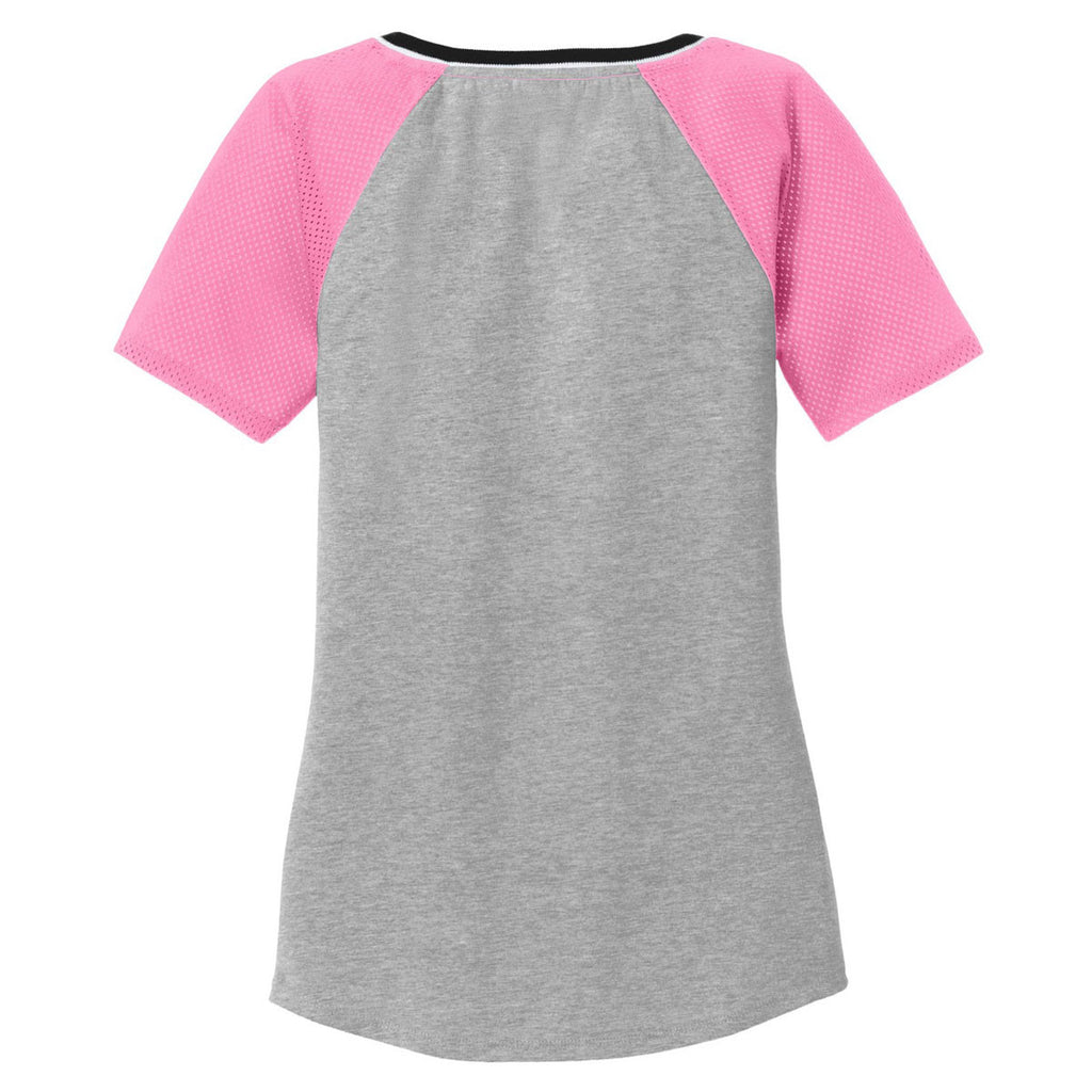 District Women's True Pink/Light Heather Grey Mesh Sleeve V-Neck Tee