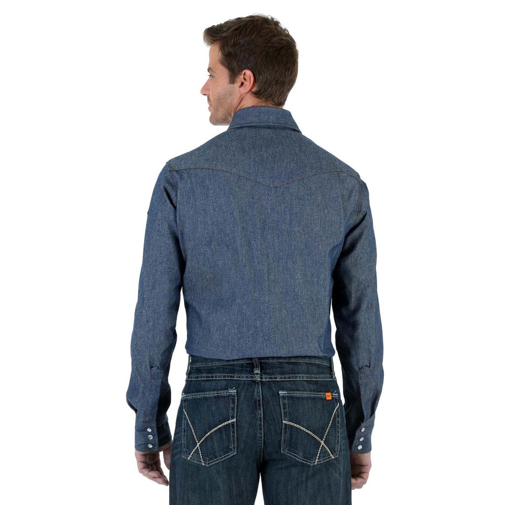 Wrangler Men's Denim Flame Resistant Long Sleeve Western Snap Solid Twill Work Shirt