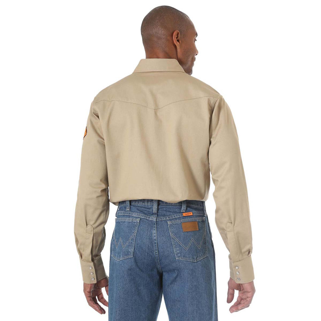 Wrangler Men's Khaki Flame Resistant Long Sleeve Western Snap Solid Twill Work Shirt
