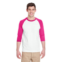 Gildan Unisex White/Heliconia 5.3 oz. 3/4-Raglan Sleeve T-Shirt