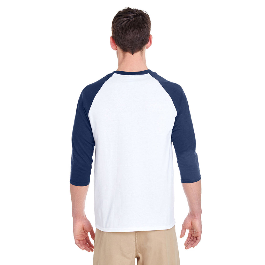 Gildan Unisex White/Navy 5.3 oz. 3/4-Raglan Sleeve T-Shirt