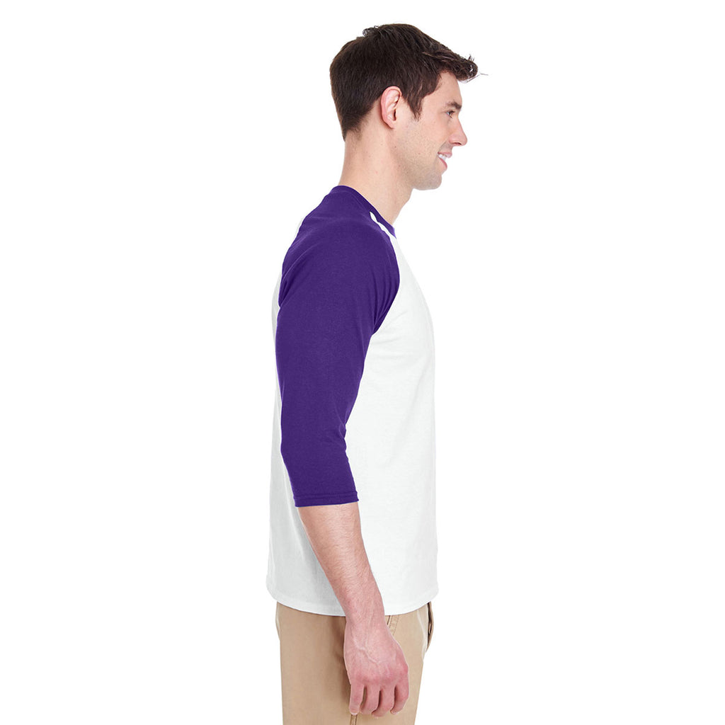 Gildan Unisex White/Purple 5.3 oz. 3/4-Raglan Sleeve T-Shirt