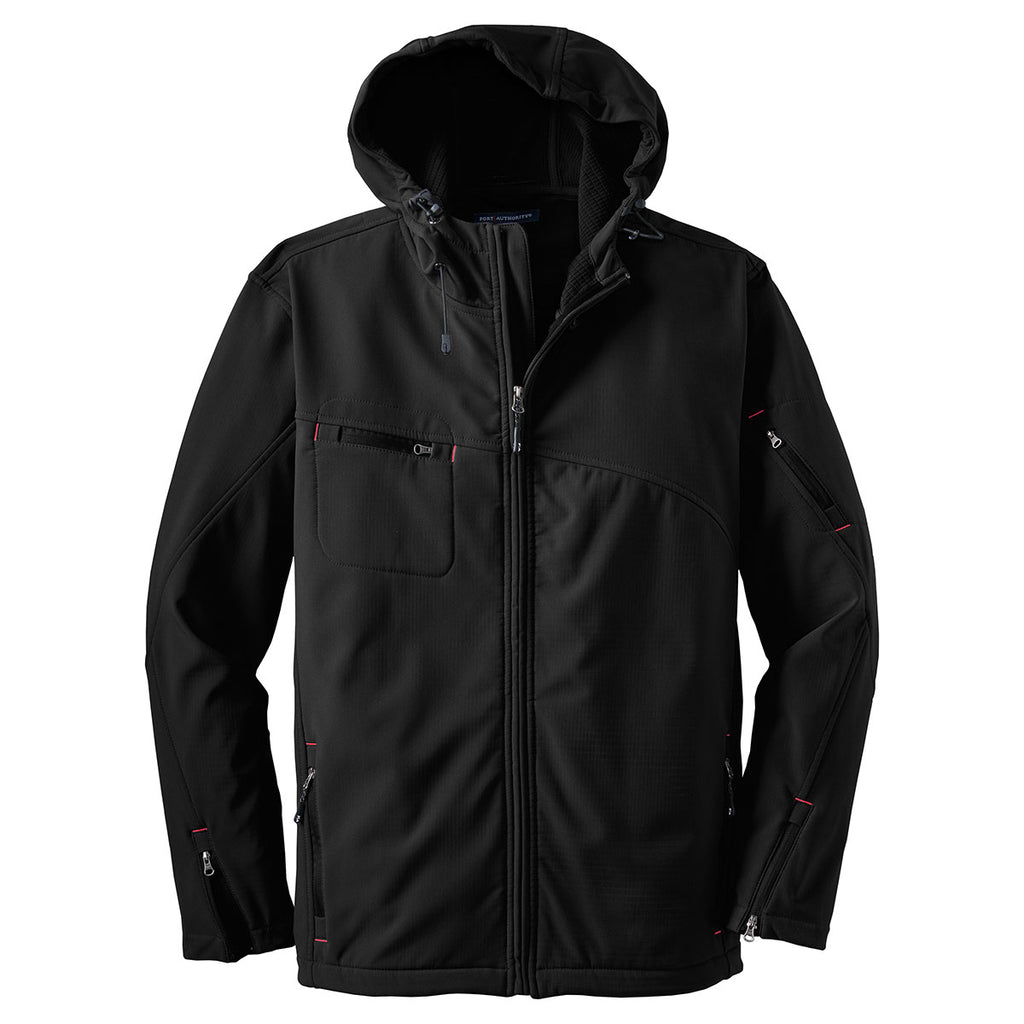 Port Authority Men's Black/Engine Red Textured Hooded Soft Shell Jacket