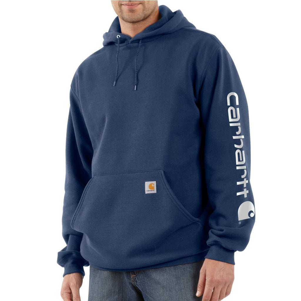 Carhartt Men's New Navy Midweight Signature Sleeve Logo Hooded Sweatshirt