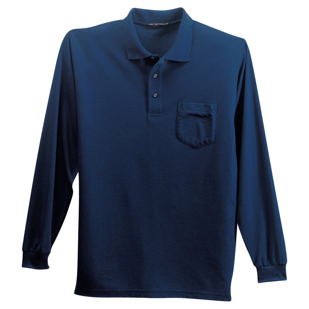 Port Authority Men's Navy Long Sleeve Silk Touch Polo with Pocket