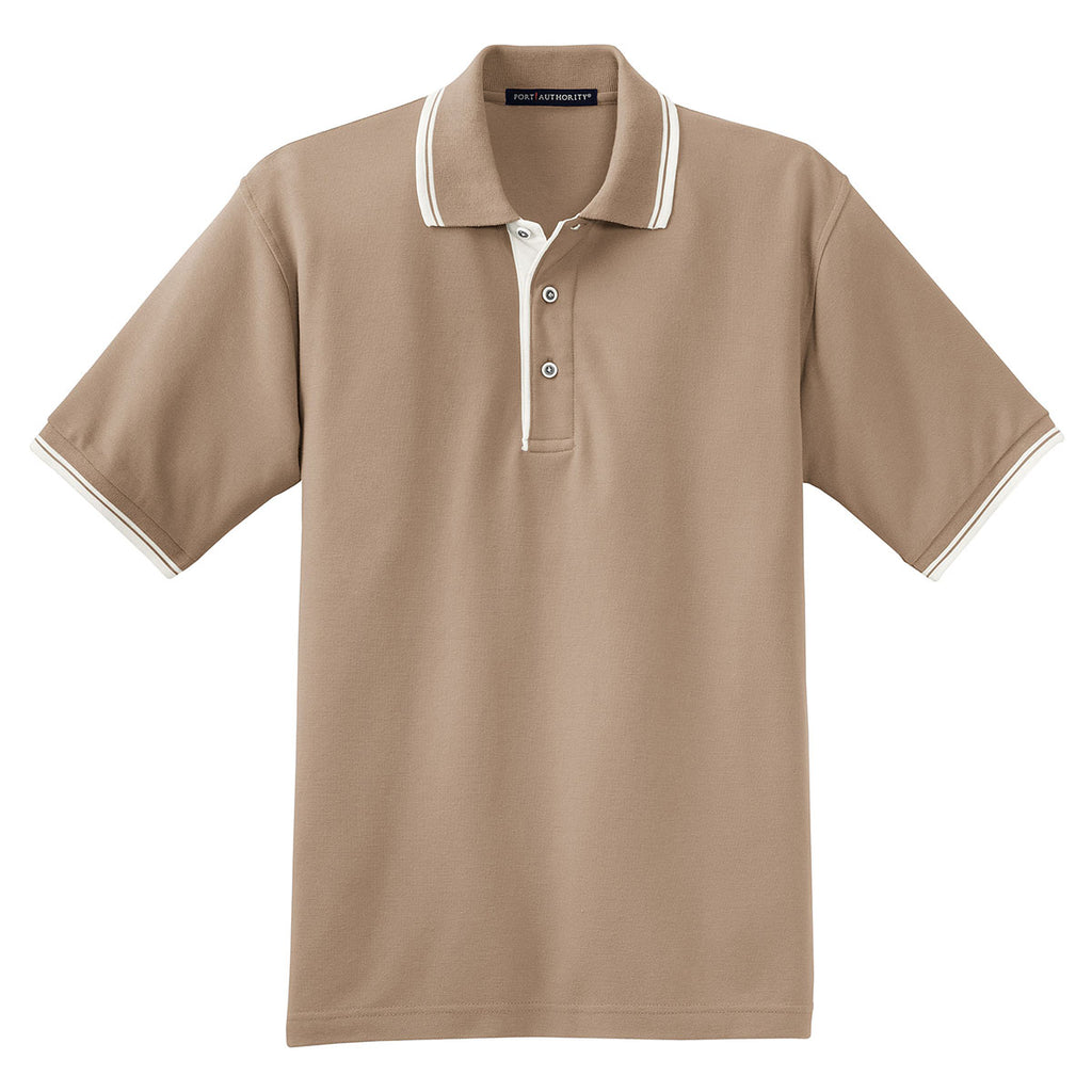 Port Authority Men's Light Brown/Winter White Silk Touch Polo with Stripe Trim