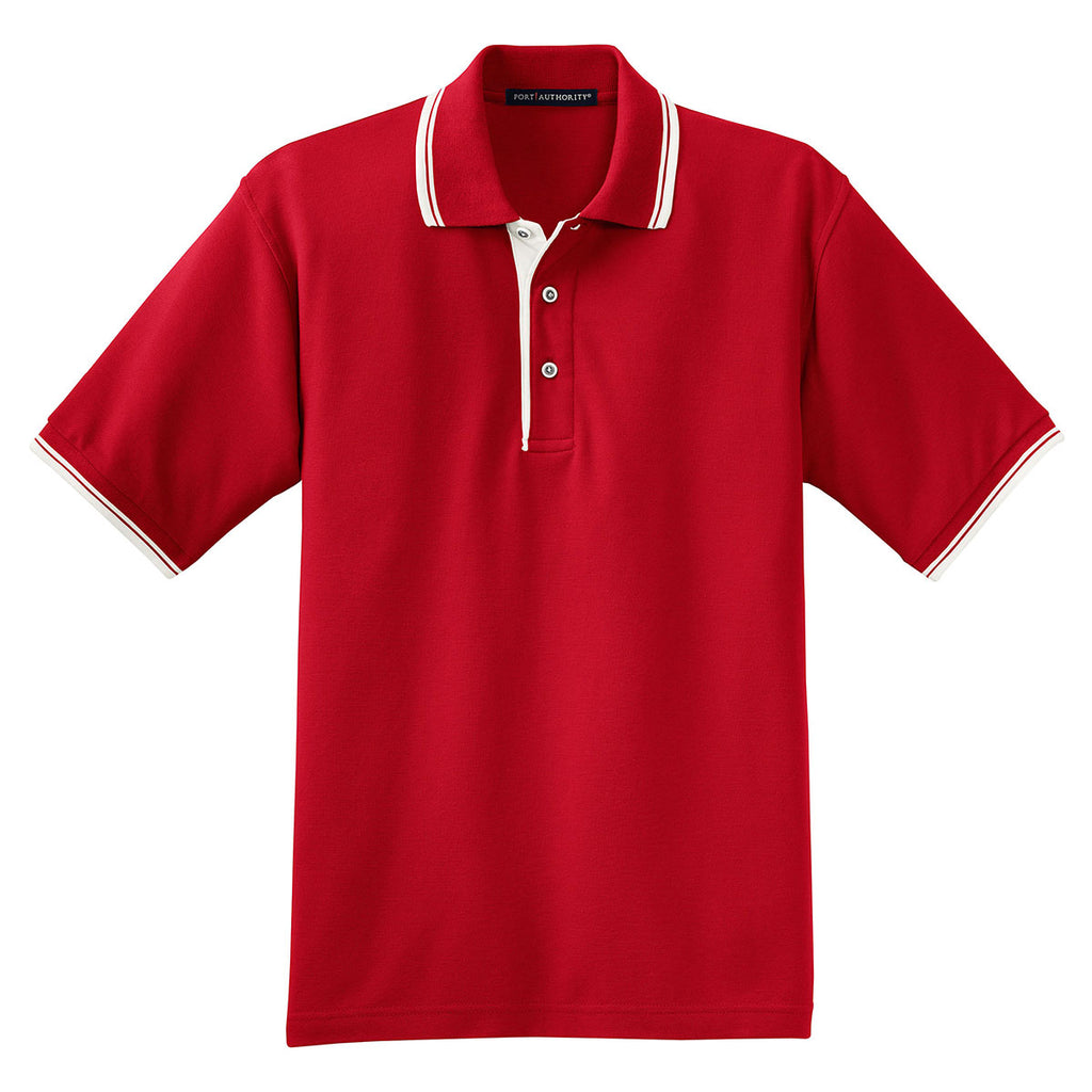 Port Authority Men's Red/Winter White Silk Touch Polo with Stripe Trim