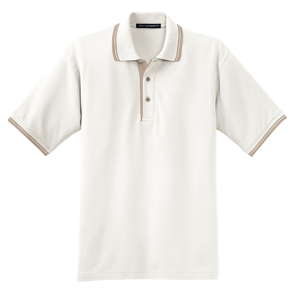 Port Authority Men's Winter White/Light Brown Silk Touch Polo with Stripe Trim