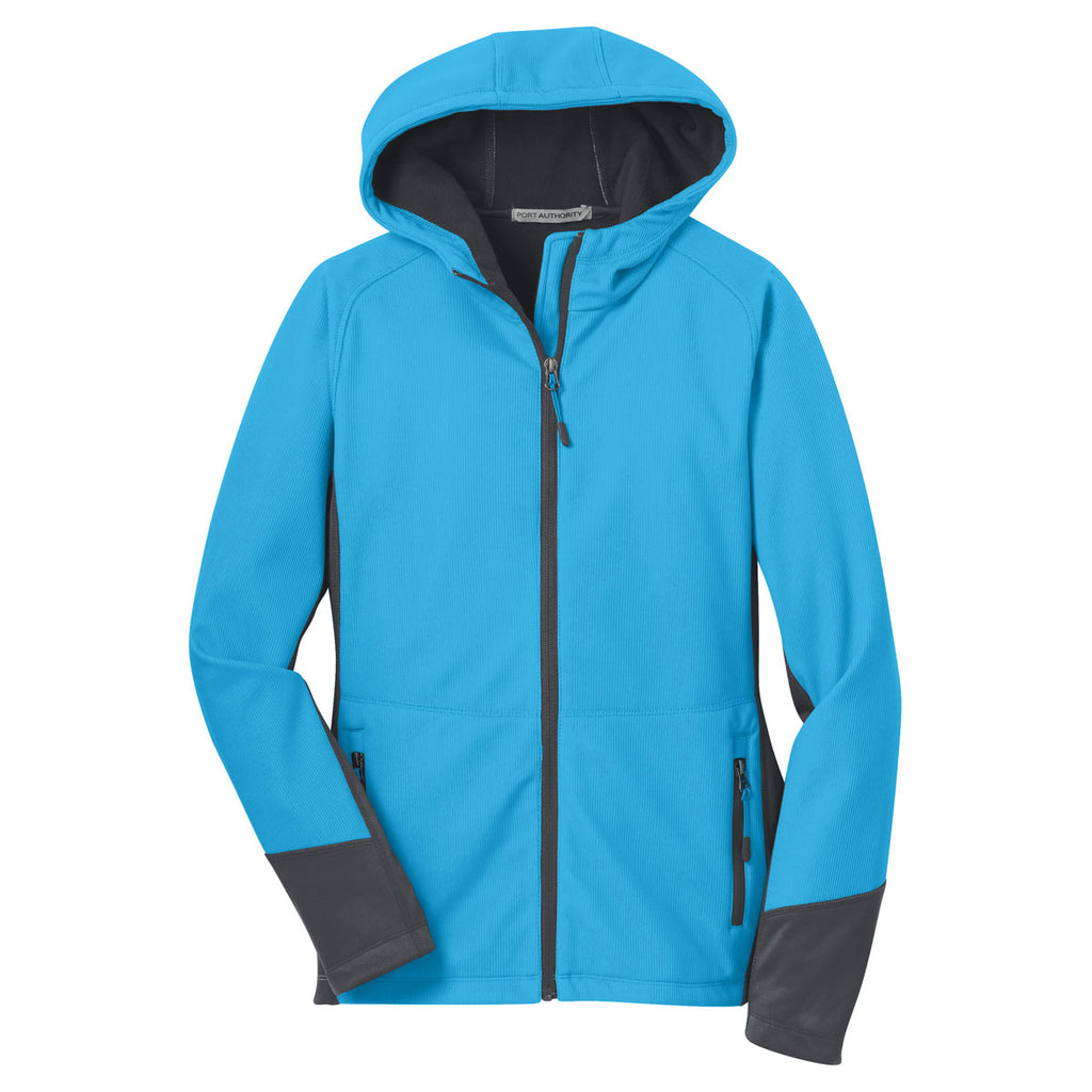 Port Authority Women's Cyan Blue/Magnet Grey Vertical Hooded Soft Shell Jacket