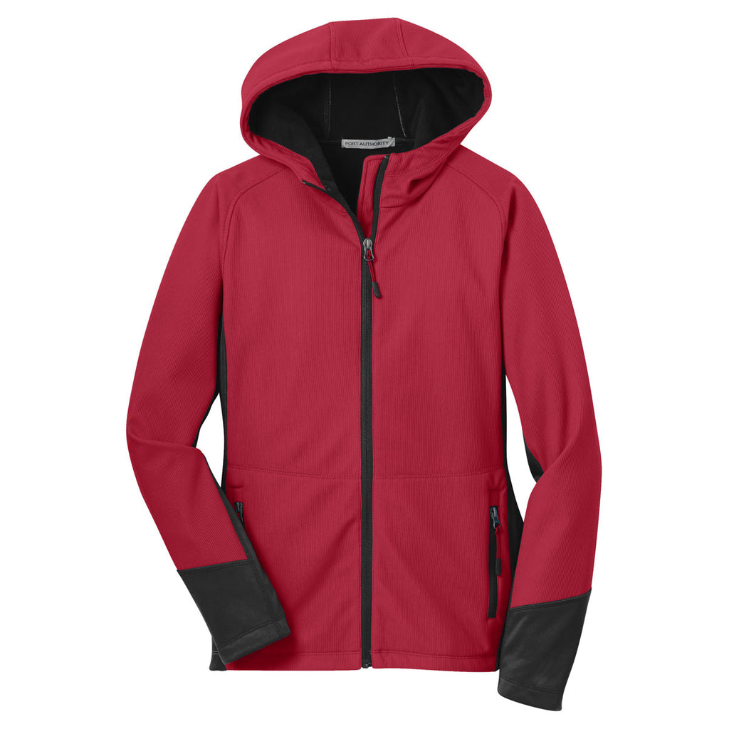 Port Authority Women's Rich Red/Black Vertical Hooded Soft Shell Jacket